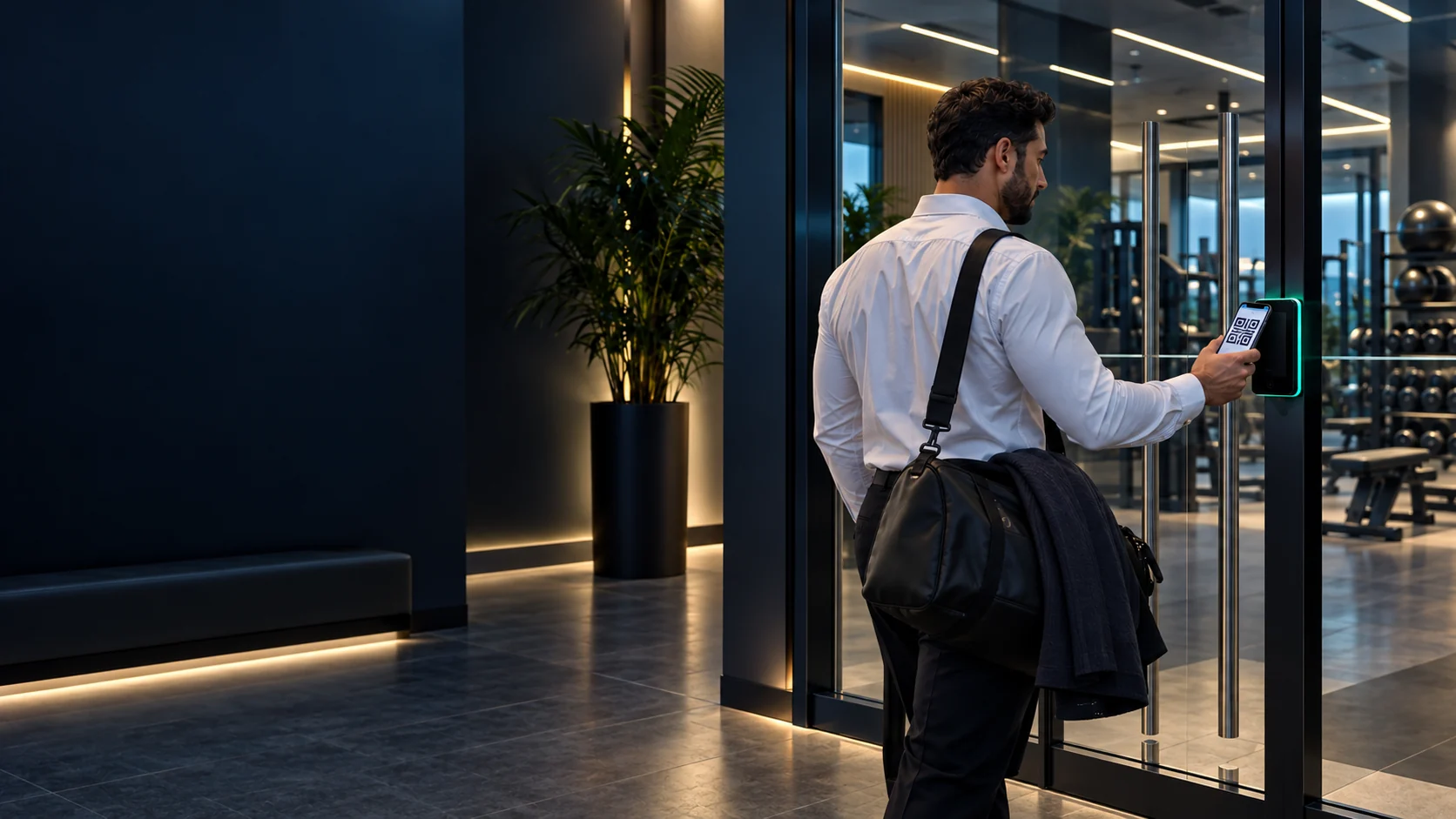 Professional presenting a mobile dynamic QR credential at a secured corporate gym entrance