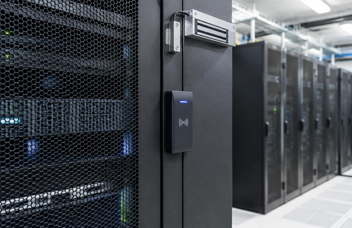 Server cabinet fitted with an RFID reader, electromagnetic lock and door contact