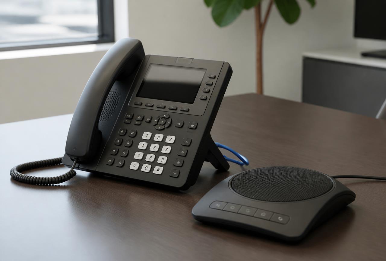 IP desk phone and conference speakerphone on an office desk with a network patch cable connected