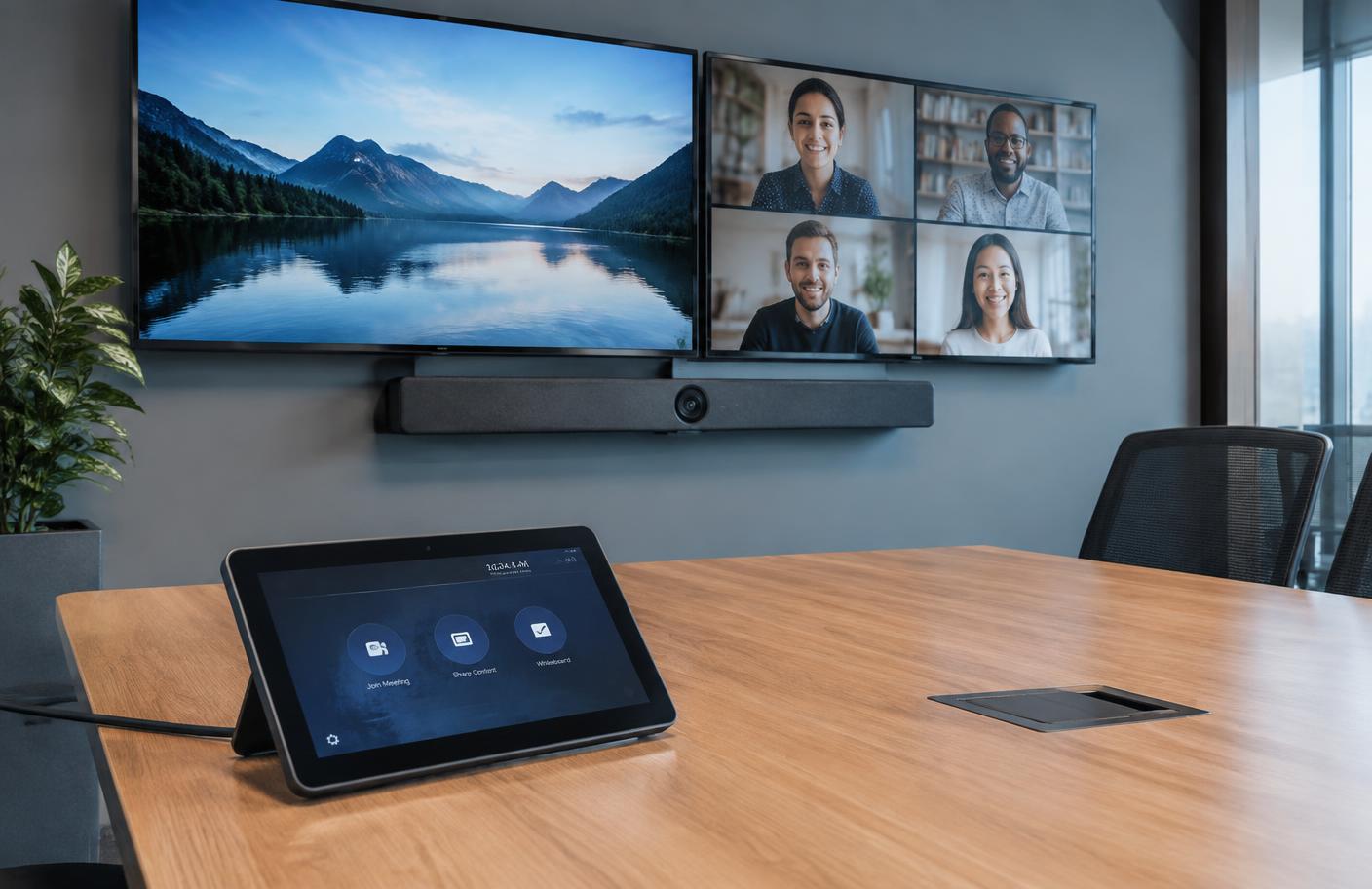 Meeting room with dual displays, an all-in-one video bar and tabletop touch controller