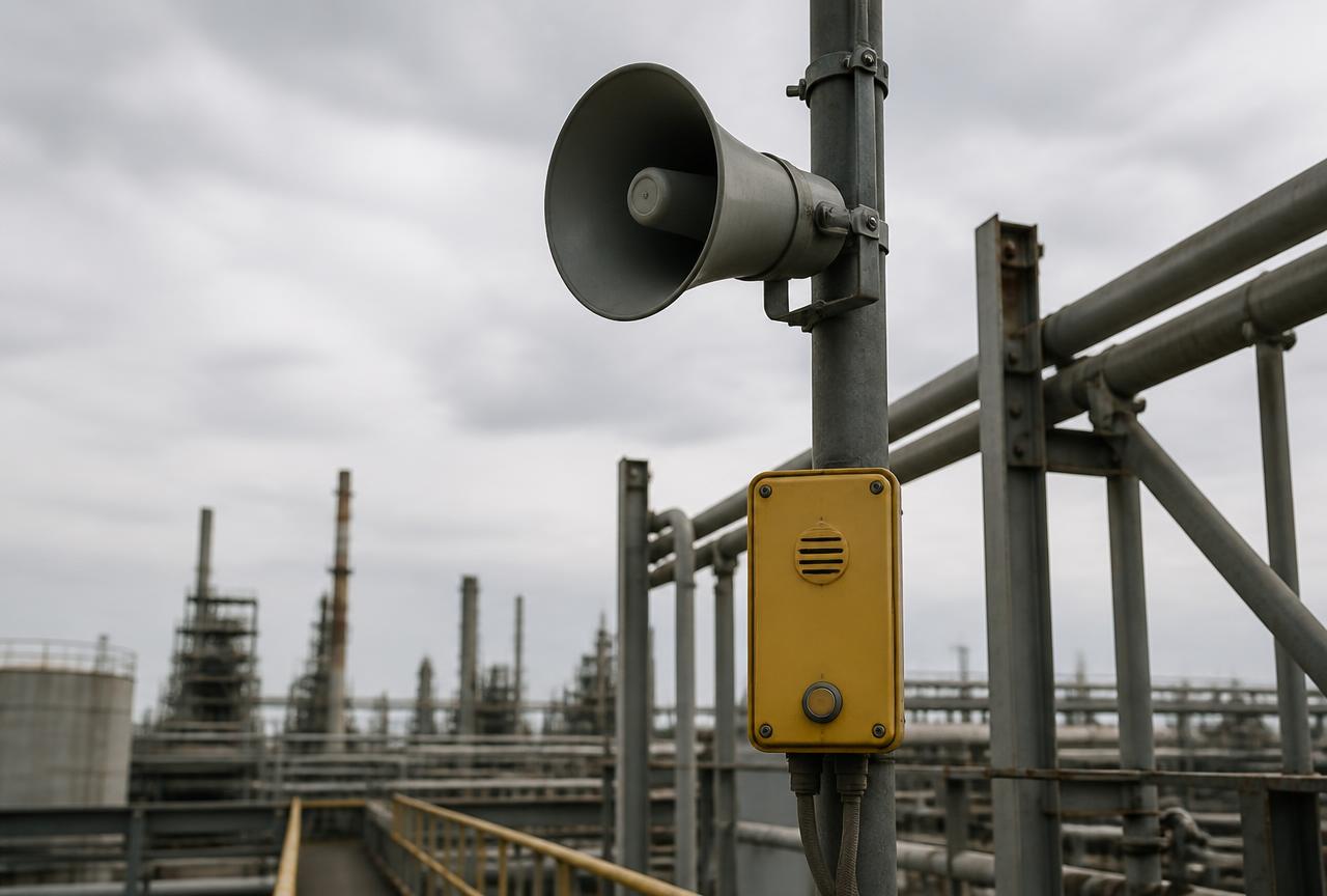 Industrial public address horn loudspeaker and yellow call station mounted on a steel pole at a plant walkway