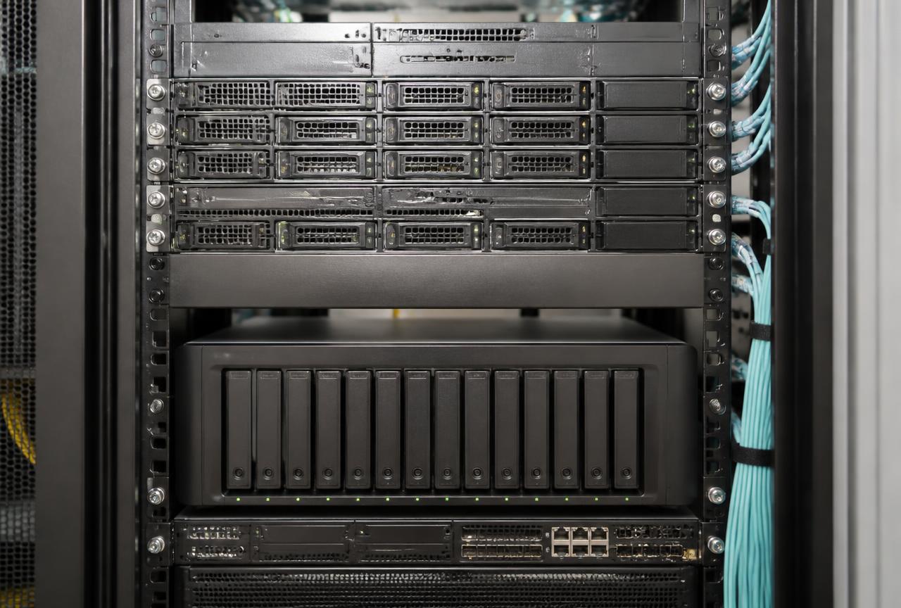 Rack mounted servers and a multi-bay network attached storage unit installed in an enterprise server rack