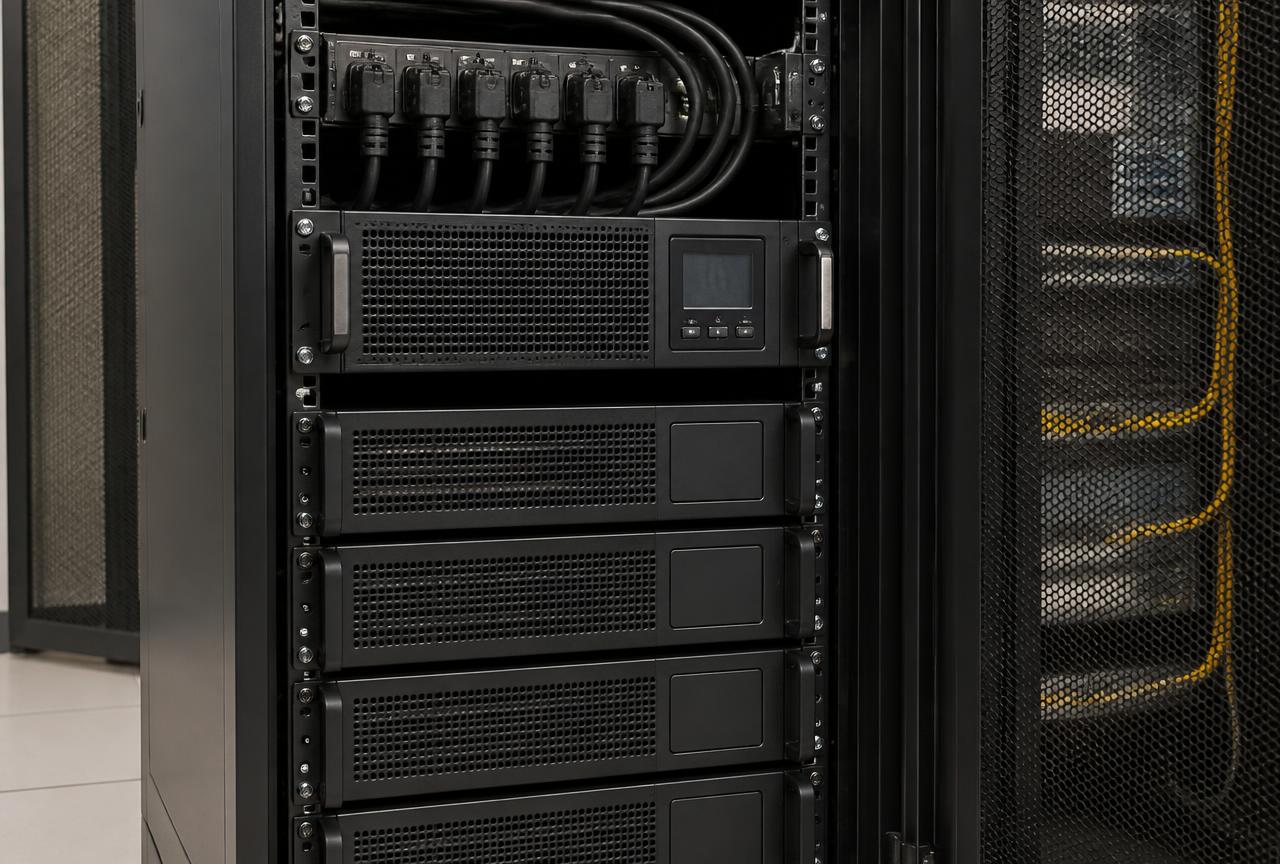Rack-mounted online UPS with battery modules installed in a server room rack with tidy power cabling