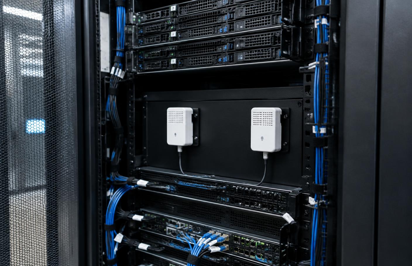 Server cabinet fitted with environmental monitoring sensors for temperature, humidity and cabinet access